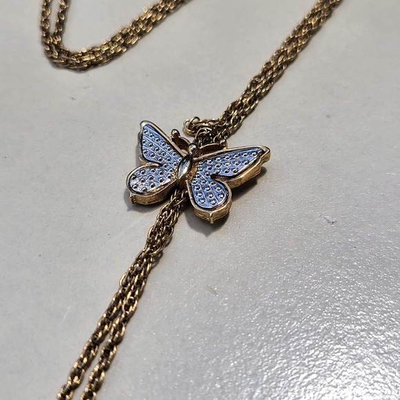 Avon Jewelry - Vintage Avon Gold Tone Butterfly Lariat Necklace Blue White Adjustable Slide